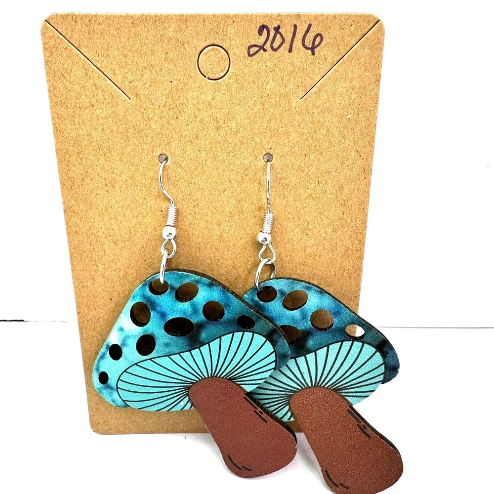 Blue Mushroom Earrings Dangle‎ Drop Whimsical Fungi Jewelry Women - Picture 2 of 7